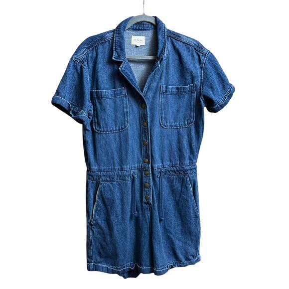 Sezane Denim Jumpsuit Romper Size 38 Organic Cotton / Hemp Fabric V-Neckline - Picture 4 of 11